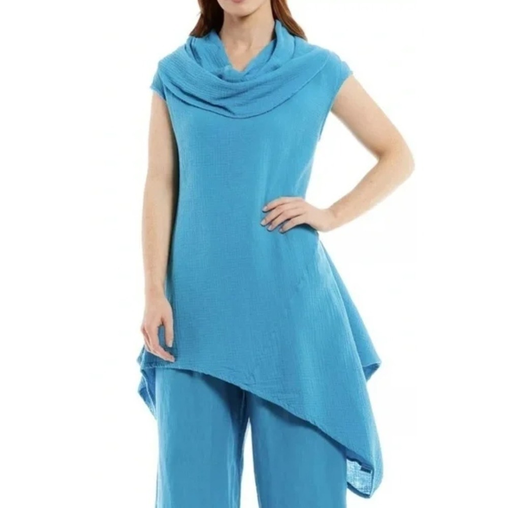 Bryn Walker Cowl Neck Sleeveless Asymmetric Gauze Tunic‎ Sz M Cotton Lagenlook